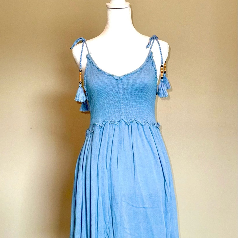 Ron Jon Sky Blue Smocked Mini Dress with Tassels and Adjustable Straps. Medium.